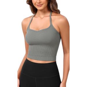 imageODODOS Seamless Sweetheart Neck Crop Tank for Women Ribbed Strappy Racerback Cropped Cami TopsGray