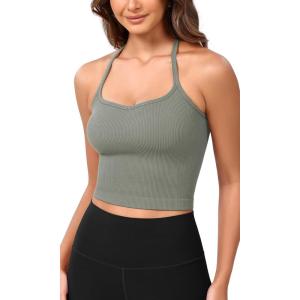 imageODODOS Seamless Sweetheart Neck Crop Tank for Women Ribbed Strappy Racerback Cropped Cami TopsGreen Milieu