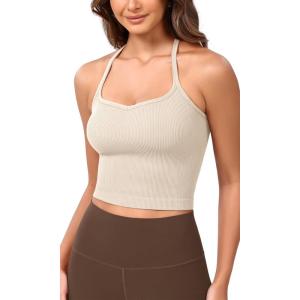 imageODODOS Seamless Sweetheart Neck Crop Tank for Women Ribbed Strappy Racerback Cropped Cami TopsIvory