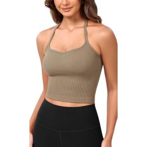imageODODOS Seamless Sweetheart Neck Crop Tank for Women Ribbed Strappy Racerback Cropped Cami TopsTaupe