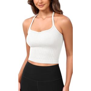 imageODODOS Seamless Sweetheart Neck Crop Tank for Women Ribbed Strappy Racerback Cropped Cami TopsWhite