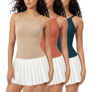 imageODODOS Seamless Tank for Women Ribbed Strappy Sleeveless Shirts Scoop Neck Cami TopsBeigecoralteal