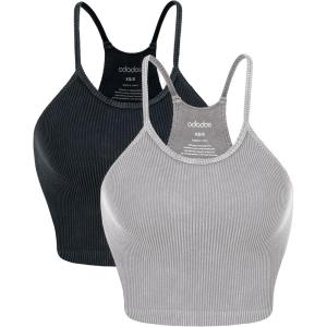 imageODODOS Womens Crop 3Pack Seamless RibKnit Camisole Crop Tank TopsAcid Wash Grayblack