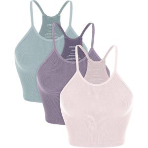 imageODODOS Womens Crop 3Pack Seamless RibKnit Camisole Crop Tank TopsPink Lacevioleticeberg