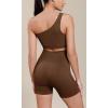 imageODODOS Seamless One Shoulder Sports Bra for Women Ribbed Asymmetrical Non Padded Yoga Crop Tank TopsDark Brown