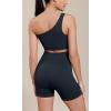 imageODODOS Seamless One Shoulder Sports Bra for Women Ribbed Asymmetrical Non Padded Yoga Crop Tank TopsDeep Blue