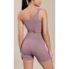 imageODODOS Seamless One Shoulder Sports Bra for Women Ribbed Asymmetrical Non Padded Yoga Crop Tank TopsElderberry