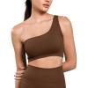 imageODODOS Seamless One Shoulder Sports Bra for Women Ribbed Asymmetrical Non Padded Yoga Crop Tank TopsDark Brown