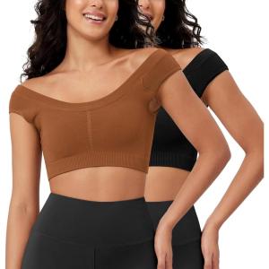 imageODODOS 2Pack Crop Tank Tops for Women Seamless Ribbed Scoop Neck Low Back Sleeveless TopsBlackclay