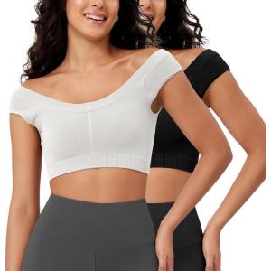 imageODODOS 2Pack Crop Tank Tops for Women Seamless Ribbed Scoop Neck Low Back Sleeveless TopsBlackwhite