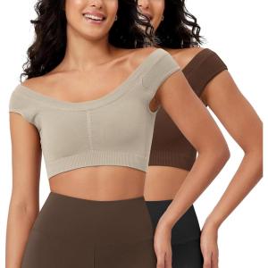 imageODODOS 2Pack Crop Tank Tops for Women Seamless Ribbed Scoop Neck Low Back Sleeveless TopsMushroombrunette
