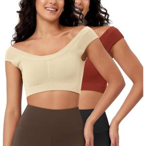 imageODODOS 2Pack Crop Tank Tops for Women Seamless Ribbed Scoop Neck Low Back Sleeveless TopsOatmealbarn Red