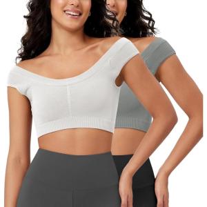 imageODODOS 2Pack Crop Tank Tops for Women Seamless Ribbed Scoop Neck Low Back Sleeveless TopsWhitegray