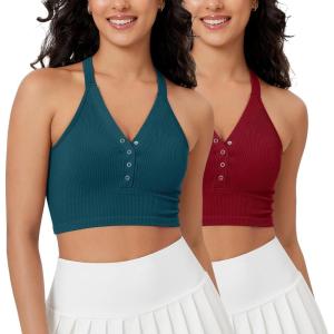 imageODODOS 2Pack Seamless Henley Crop for Women Open Back Ribbed Tank Buttonup Cropped TopTealred