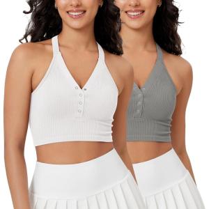 imageODODOS 2Pack Seamless Henley Crop for Women Open Back Ribbed Tank Buttonup Cropped TopWhitegray