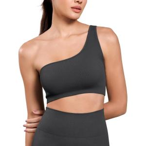imageODODOS Seamless One Shoulder Sports Bra for Women Ribbed Asymmetrical Non Padded Yoga Crop Tank TopsCharcoal