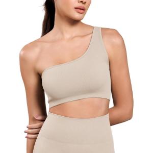 imageODODOS Seamless One Shoulder Sports Bra for Women Ribbed Asymmetrical Non Padded Yoga Crop Tank TopsCloud Cream