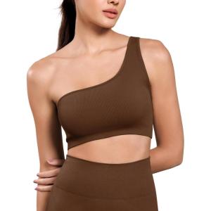 imageODODOS Seamless One Shoulder Sports Bra for Women Ribbed Asymmetrical Non Padded Yoga Crop Tank TopsDark Brown