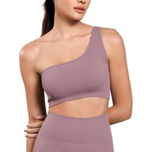 imageODODOS Seamless One Shoulder Sports Bra for Women Ribbed Asymmetrical Non Padded Yoga Crop Tank TopsElderberry