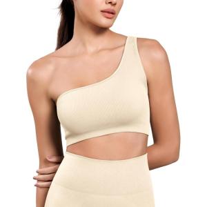 imageODODOS Seamless One Shoulder Sports Bra for Women Ribbed Asymmetrical Non Padded Yoga Crop Tank TopsIvory
