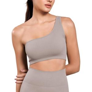 imageODODOS Seamless One Shoulder Sports Bra for Women Ribbed Asymmetrical Non Padded Yoga Crop Tank TopsKhaki