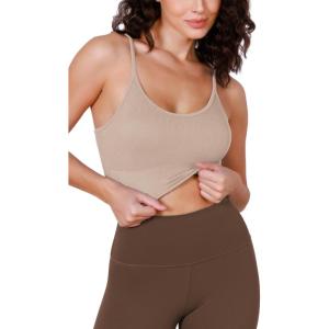 imageODODOS Seamless Sports Bra for Women Ribbed Camisoles Non Padding Yoga Bra Crop Tank TopsBeige