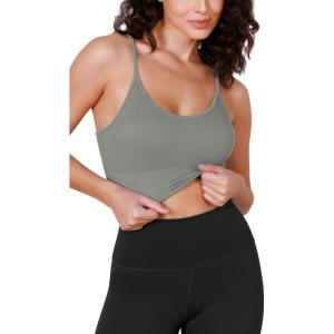 imageODODOS Seamless Sports Bra for Women Ribbed Camisoles Non Padding Yoga Bra Crop Tank TopsGreen Milieu