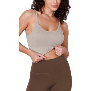 imageODODOS Seamless Sports Bra for Women Ribbed Camisoles Non Padding Yoga Bra Crop Tank TopsMushroom