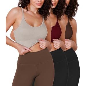 imageODODOS Seamless Sports Bra for Women Ribbed Camisoles Non Padding Yoga Bra Crop Tank TopsMushroomclaretbrunette