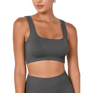 imageODODOS Seamless Square Neck Sports Bra for Women Ribbed Crop Tank Casual Low Back Cropped TopsCharcoal
