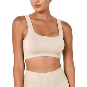 imageODODOS Seamless Square Neck Sports Bra for Women Ribbed Crop Tank Casual Low Back Cropped TopsIvory