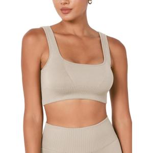 imageODODOS Seamless Square Neck Sports Bra for Women Ribbed Crop Tank Casual Low Back Cropped TopsMushroom