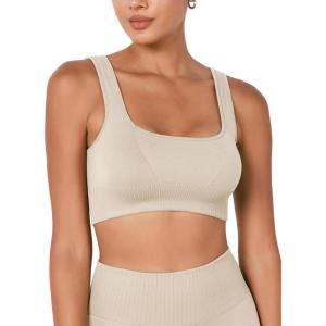 imageODODOS Seamless Square Neck Sports Bra for Women Ribbed Crop Tank Casual Low Back Cropped TopsOat Milk