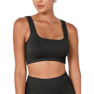 imageODODOS Seamless Square Neck Sports Bra for Women Ribbed Crop Tank Casual Low Back Cropped TopsOnyx Black