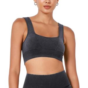 imageODODOS Seamless Square Neck Sports Bra for Women Ribbed Crop Tank Casual Low Back Cropped TopsStone Washing Black