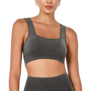 imageODODOS Seamless Square Neck Sports Bra for Women Ribbed Crop Tank Casual Low Back Cropped TopsStone Washing Charcoal