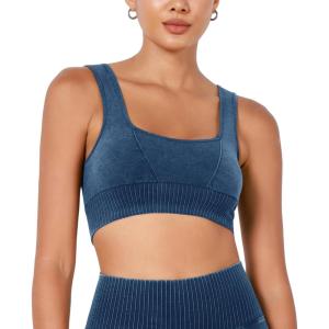 imageODODOS Seamless Square Neck Sports Bra for Women Ribbed Crop Tank Casual Low Back Cropped TopsStone Washing Cobalt Blue