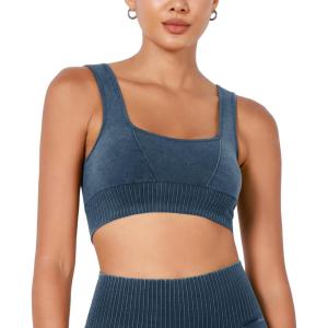 imageODODOS Seamless Square Neck Sports Bra for Women Ribbed Crop Tank Casual Low Back Cropped TopsStone Washing Denim Blue