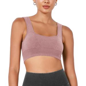 imageODODOS Seamless Square Neck Sports Bra for Women Ribbed Crop Tank Casual Low Back Cropped TopsStone Washing Dusty Rose