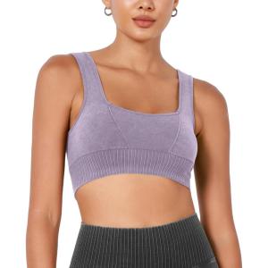 imageODODOS Seamless Square Neck Sports Bra for Women Ribbed Crop Tank Casual Low Back Cropped TopsStone Washing Lavender