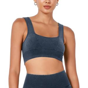imageODODOS Seamless Square Neck Sports Bra for Women Ribbed Crop Tank Casual Low Back Cropped TopsStone Washing Navy