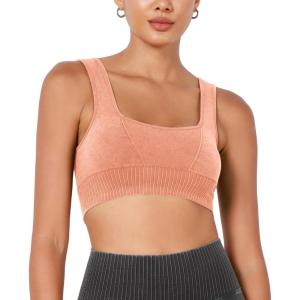 imageODODOS Seamless Square Neck Sports Bra for Women Ribbed Crop Tank Casual Low Back Cropped TopsStone Washing Orange