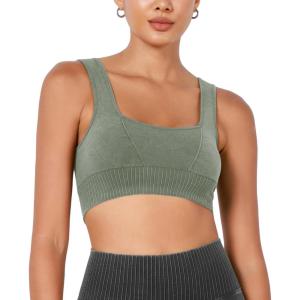 imageODODOS Seamless Square Neck Sports Bra for Women Ribbed Crop Tank Casual Low Back Cropped TopsStone Washing Sage Green