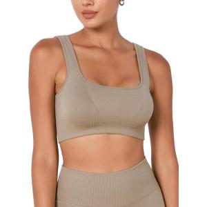 imageODODOS Seamless Square Neck Sports Bra for Women Ribbed Crop Tank Casual Low Back Cropped TopsTaupe
