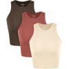 imageODODOS 3Pack Seamless Crop Tank for Women Ribbed Soft High Neck Cropped TopsOatmealbarn Redbrunette