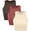 imageODODOS 3Pack Seamless Crop Tank for Women Ribbed Soft High Neck Cropped TopsOatmealbarn Redbrunette
