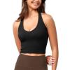 imageODODOS Seamless Halter Crop Tops for Women Ribbed Soft V Neck Open Back Cropped Tank TopBlack