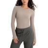 imageODODOS Seamless Long Sleeve Tops with Thumb Hole for Women Crew Neck Ribbed Tee Workout Yoga ShirtsTaupe