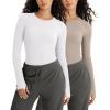 imageODODOS Seamless Long Sleeve Tops with Thumb Hole for Women Crew Neck Ribbed Tee Workout Yoga ShirtsWhitetaupe