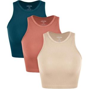 imageODODOS 3Pack Seamless Crop Tank for Women Ribbed Soft High Neck Cropped TopsBeigecoralteal